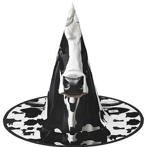 ZISHAK Zwart-witte koe print Halloween heksenhoed voor vrouwen, ultieme feesthoed voor het beste Halloween-kostuumensemble