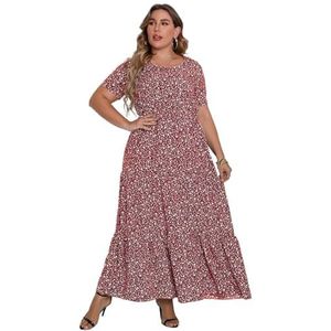 Women's Dresses Round Neck Floral Print Short Sleeve Plus size Casual Ruffle High Waist A-Line Long Dresses (Color : Red, 32-33, 3435, 36-37, 38-39, 40-41, 42-43, 44-45, 46-47 : 4XL)