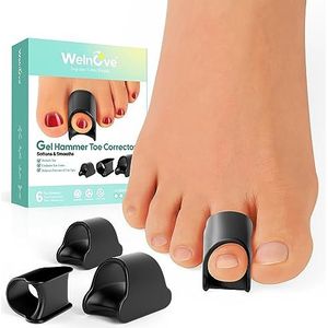 Welnove Hammertoe Corrector - 6 stuks teenspalken - zachte gel teenstijltangen - Realign Bent, Curled, Crooked, Claw, hamertenen voor mannen en vrouwen, 3 verschillende maten (zwart)
