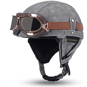 Retro motorfiets halve helm met bril, DOT goedgekeurde mannen en vrouwen Duitse stijl lederen jethelm voor scooter volwassen cruiser bromfiets ATV chopperhelm Decoration