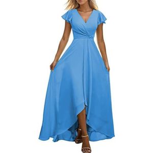 Vrouwen Korte Mouw Bruidsmeisje Jurk Chiffon V-hals Hoge Lage Formele Bruiloft Gast Jurk, Blauw, 54 grote maten