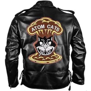 A&M Express Heren echt lederen Atom motorfiets katten zwarte jas - Revers kraag kruis rits riem bikrer jas, Zwart, XXL