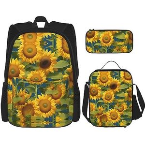 KoNsev Print Rugzak 3 Stks Set Reizen Wandelen Lichtgewicht Laptop Etui Geïsoleerde Lunch Tas voor Vrouwen, Zonnebloem en Amerikaanse Vlag, Zonnebloem Zomer, Eén maat