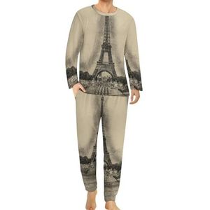 Romantische Eiffeltoren Parijs Comfortabele Heren Pyjama Set Ronde Hals Lange Mouw Loungewear met Zakken 3XL