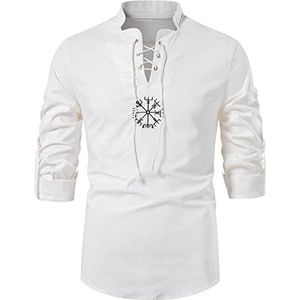 Viking Vegvisir Katoen Linnen Jacobite Ghillie Mannen Shirts Middeleeuwse Lange Mouwen Stand Kraag Lace Up Lente Zomer Kostuum,Wit,M