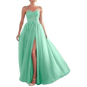 YIANN Glitter Tule Galajurken met Split voor Vrouwen Mouwloos Korset A-lijn Lange Formele Jurk Avondjurk, Munt, 32