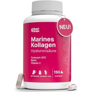 Zuiver gehydrolyseerd zeecollageen + hyaluronzuur, co-enzym Q10, biotine en vitamine C, 150 capsules, hoge biologische beschikbaarheid, 5 maanden, peptiden type I, huid, haar, nagels, gewrichten