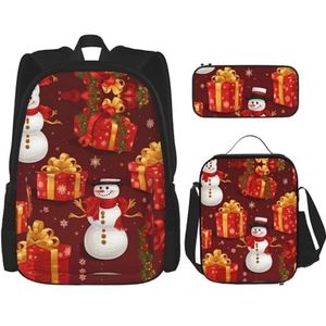 SUHNGE Merry Christmas Sneeuwman Print Lichtgewicht Rugzak Set van 3 Stuks (Etui Schooltas Lunch Bag Combinatie), Vrolijk Kerstfeest Sneeuwman, Eén maat
