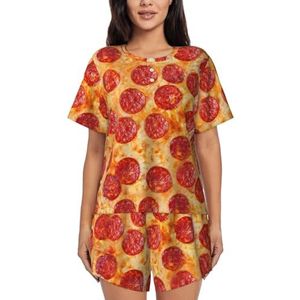 RIVETECH 3d Pizza Pepperoni Print Dames Pyjama Set met korte mouwen - Comfortabele korte sets, mouwen nachtkleding met zakken, Zwart, S