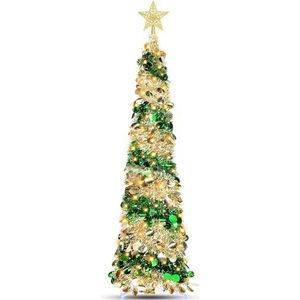 Verlichte kunstmatige kerstboom, voorverlichte kerstdennenbomen met kegels, statiefpaal en 50 LED-lampjes ster pailletten, buitenverlichting plantenbak vuller vakantie huisdecoratie 5 ft (goud en