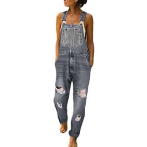 TERAZUNO Losse Tuinbroek Dames Mouwloze Overall Casual Jumpsuit Zakken Retro Zomer Gewassen Gescheurd Distressed Playsuit Rompertjes Elegante Lange Bretelbroek Baggy Vriendje(Gray,XL)