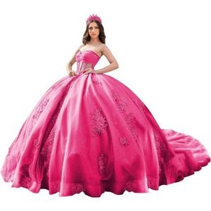 Fuomomo Quinceanera Prinsessenjurk met ruches en staart Quinceanera jurk van tule met parels schattige jurk 16 MT052, bright pink, 30 NL