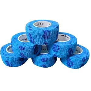 6 x Ok-Plast vingerpleisters 2,5 cm breed, zelfklevend, plakt niet op huid en haar, voor mens en dier (6 rollen, lichtblauw met auto)