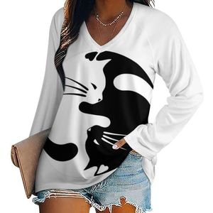 Yin Yang Lucky Cat dames casual T-shirts met lange mouwen V-hals bedrukte grafische blouses T-shirt tops M