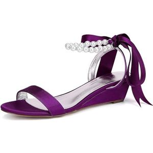 KYEGLO Satijnen Bruidsschoenen Met Ronde Neus En Open Teen Met Parelriempje Om De Enkel - Zomerkleding & Bruidsschoenen,Purper,36