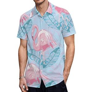 Flamingo En Hibiscus Patroon Heren Korte Mouw Shirts Casual Button-down Tops T-shirts Hawaiiaanse Strand Tees 3XL