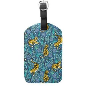 Tiger Leaf Cartoon Blauw Lederen Bagage Bagage Koffer Tag ID Label voor Reizen (3 Stks), Patroon, 12.5(cm)L x 7(cm)W
