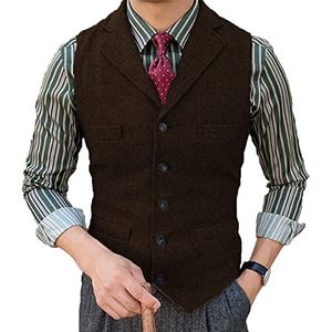 Tuikayoo Herenpak, vest, slim fit, wollen jurk, tweed herringbone voor getuige, koffie, S