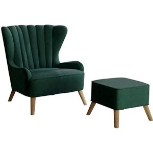 GREKPOL Schelpstoel, parels, moderne stoel voor woonkamer, Scandinavische stijl, oorstoel, gevoerde fauteuil met schelp-rugleuning, armleunstoel met houten poten, monoliet, 37 groen
