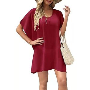 HSAJS Strandjurk voor dames, zomer, strandponcho, jurken, strandvakantie, badpak, bikini-cover-up, transparant, boho, strandjurk, pareo, poncho met ronde hals, beachwear, rood, One size