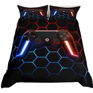 Homewish Beddengoed voor jongens, gamer, dubbel gaming dekbedovertrek voor kinderen en jongeren, modern neonlicht gameconsole beddengoedset, zacht, geometrie honingraat zeshoek dekbedovertrek