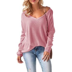 Mikos * Pullover voor dames, vrouwen, off-shoulder, lange mouwen, voor lente, zomer, herfst en winter, gebreide trui, baggy, V-hals, losse trui, oversized (694) SML, donkerroze, Eén maat