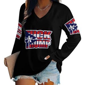 Puerto Rico Vlag Fck Trump vrouwen casual T-shirts met lange mouwen V-hals bedrukte grafische blouses Tee Tops 3XL