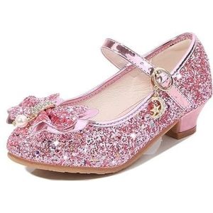 Glitter prinses schoenen meisjes hoge hakken boog prinses model kristal enkele schoenen pailletten kinderen schoenen dames (kleur: roze, maat: maat 35 binnenlengte 21,5 cm)