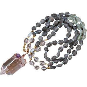 6-8mm Natural Quartz Crystal Point Pendant Natural Stone Beads Handmade Knot Necklace Multi Layer Necklace Long 32 Inch (Color : White Quartz Pendant)