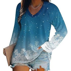 Blauwe Kerstmis Sneeuwvlokken Vrouwen Casual Lange Mouw T-shirts V-hals Gedrukt Grafische Blouses Tee Tops 2XL