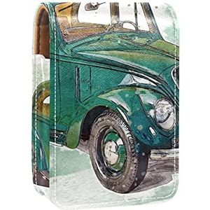 Draagbare Lipstick Case voor op reis,Mini Lipstick Opbergdoos met spiegel voor dames dames, Lederen cosmetische etui Vintage auto, Meerkleurig, 9.5x2x7 cm/3.7x0.8x2.7 in