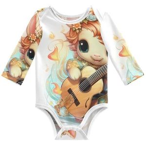 KAAVIYO Schattige cartoon-eenhoorn-gitaar, babybody met lange mouwen, katoenen bodysuit voor neutrale pasgeborenen, 3-24 maanden, Patroon., 12 Maanden