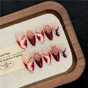 10 stuks 3D gesneden perzikbloesem persnagels glitter roze kattenoog amandel zomer handgemaakte nepnagels zwarte Franse nepnagels(4,M)