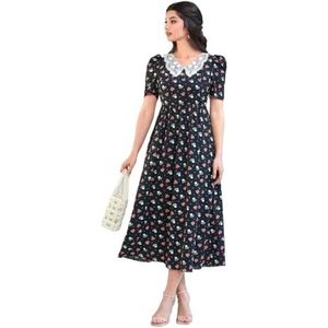 jurken voor dames Ditsy bloemenprint contrasterende kanten jurk met pofmouwen (Color : Noir, Size : L)