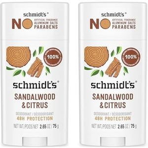 Schmidt's aluminium vrije natuurlijke deodorant voor vrouwen en mannen, sandalwood en citrus met 24 uur geurbescherming, gecertificeerd natuurlijk, veganistisch, dierproefvrij, 2,65 oz 2 stuks
