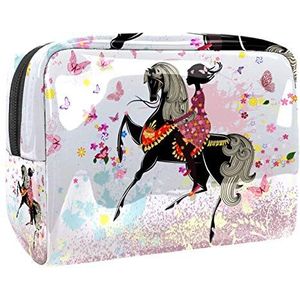 Make-up Tas PVC Toilettas met ritssluiting Waterdichte Cosmetische Tas met Roze Fee Vlinder Meisje Bloemen Paard voor Vrouwen en Meisjes