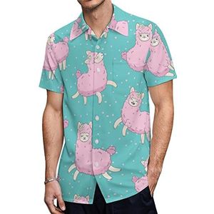 Roze lama Alpaca Heren Korte Mouw Shirts Casual Button-down Tops T-shirts Hawaiiaanse Strand Tees 4XL