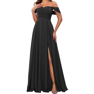 HPPEE Off-shoulder chiffon bruidsmeisjesjurken met split voor vrouwen mouwloze strapless avond formele jurk, Zwart, 32