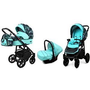BabyLux Lux 3 in 1 Baby Reis Systeem Kinderwagen Autostoel Sushade Regenhoes Voetenzak Dragende Wielen Pasgeborene tot Baby Green Garden Black Frame