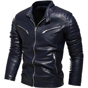 Hgvcfcv Leren jas heren klassiek gevoerd warm motorfiets slanke straat mode zwarte biker jas geplooide ontwerp rits, Blauw, XL