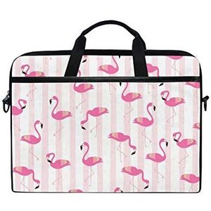 EZIOLY Roze Flamingos Strepen Laptop Schouder Messenger Bag Case Mouw voor 13 Inch tot 14 ""Laptop