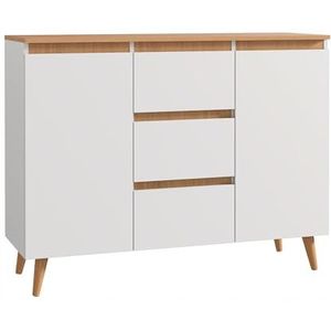 Meblowa1, Commode, kast met 3 laden, opbergkast met 2 deuren om te openen, ladekast 120 x 91,5 x 40 cm, meubels voor woonkamer en slaapkamer, wit - ambachtelijk eiken, 60 kg