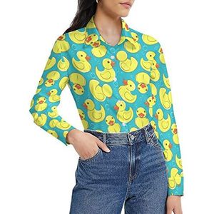 Geel rubber eend en bubbels damesshirt lange mouwen button down blouse casual werk shirts tops XL