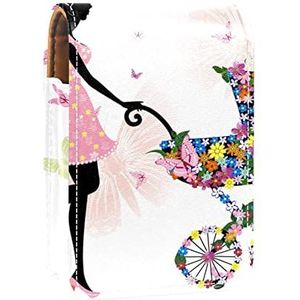 Gepersonaliseerde Lipstick Case Draagbare Make-up Tas Cosmetische Pouch Lippenstift Houder Make-up Organizer Meisje Bloemen Vlinder Wandelwagen, Meerkleurig, 9.5x2x7 cm/3.7x0.8x2.7 in