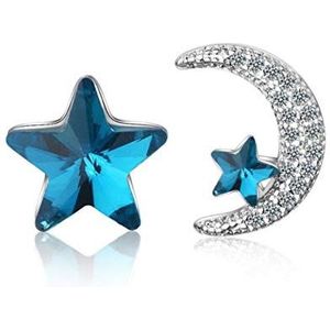 Wiftly Oorstekers, blauwe ster maan asymmetrie 925 zilver oorstekers met zirkoon voor vrouwen vriendin mode sieraden sterling zilver glanzend