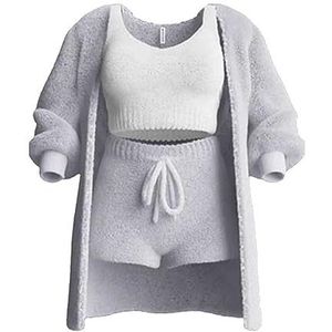 WIWIDANG The Cozy Knit Set, Dames Gezellige Gebreide Set 3 Stuks Pluizige Pluche Pyjama Lange Mouw Fluwelen Hooded, Grijs, M