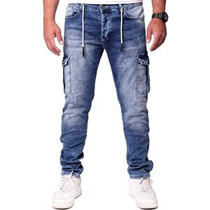 Reslad Cargobroek voor heren, cargobroek, sweatbroek in jeanslook met zakken, stretch, denim, slim fit, RS-2100, blauw, 38W x 32L