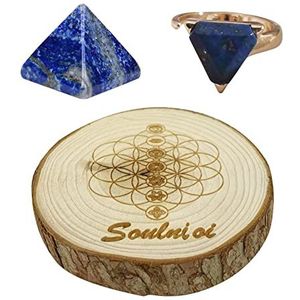 Soulnioi Lapis Lazuli piramide, Lapis Lazuli driehoek verstelbare ring voor spirituele genezing, 7 chakra magische houten ronde plaat basis voor energie kristal genezing