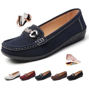ZPLMIDE Vrouwen Orthopedische Suede Lederen Loafers Retro Dames Mocassins Rijden Mocs Comfort Slip-On Mode Boot Schoenen Wedge Hakken, Blauw, 43 EU