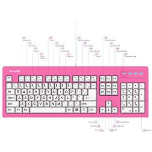 vitalASC 104-toetsen grote print USB bedraad 2,1 m, morsbestendig, felroze en wit, duurzaam toetsenbord voor laptop, Mac, tv en computer (roze)